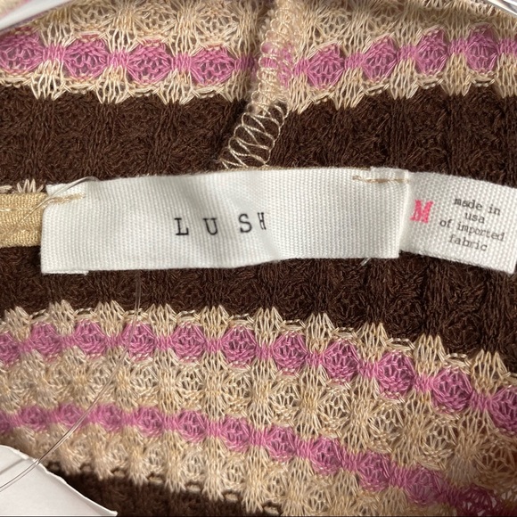 LUSH Cropped Hooded Pullover Sweater, Waffle Knit, Burgundy, Tan & Brown Stripes - Picture 11 of 13